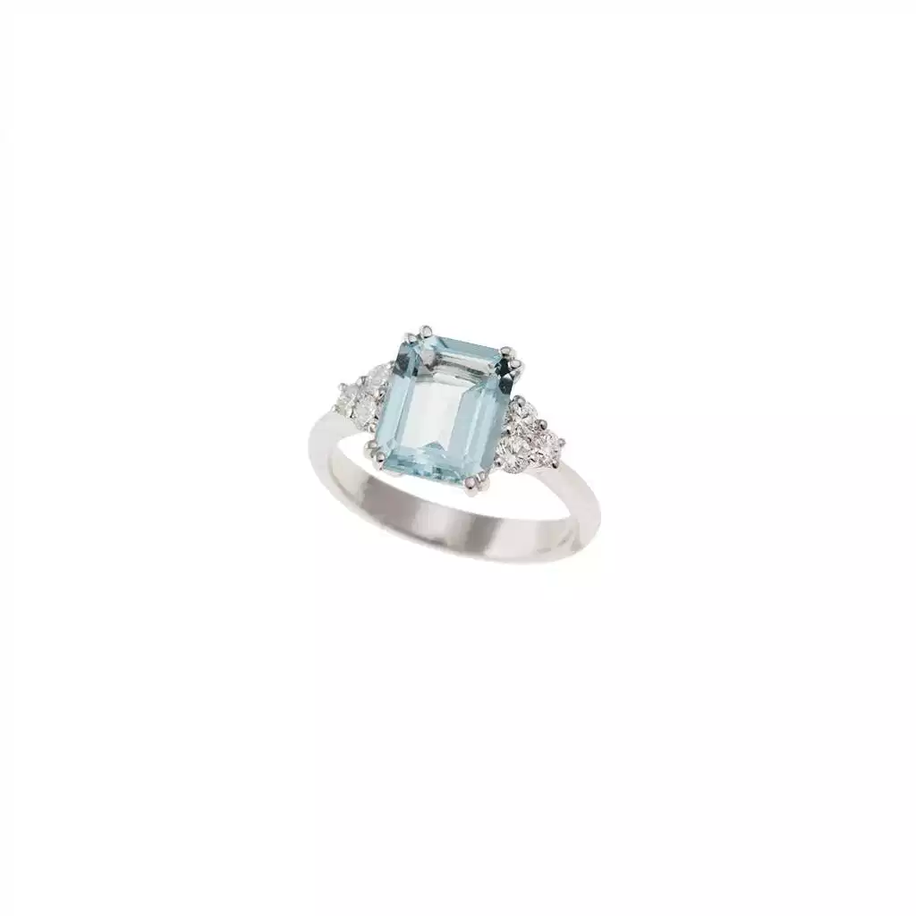 Anello Solitario con Acquamarina Ottagonale 10x8mm e 6 Diamanti