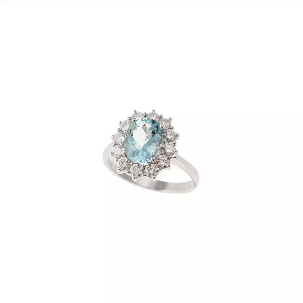 Anello Kate Oro Bianco con Acquamarina 9x7mm e 12 Diamanti