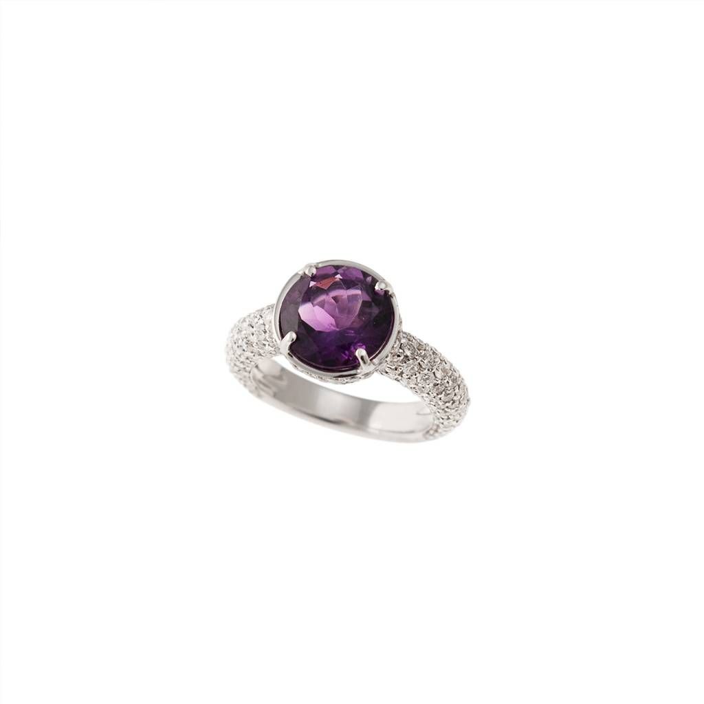 Anello Solitario Oro Bianco con Ametista contornato da Diamanti