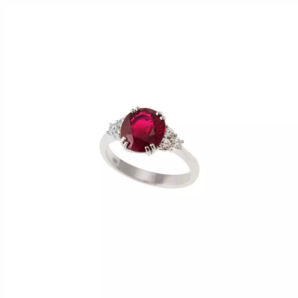 Anello Solitario con Rubino 9x8mm e 6 Diamanti
