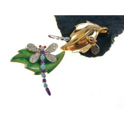 Purple and light-blue Dragonfly on a bronze leaf Pendant