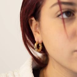 Polished Striped Torchon Hoops 2cm x 4.70mm 18kt Yellow Gold photo worn