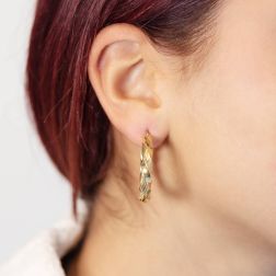 Polished Striped Torchon Hoops 3cm x 4.70mm 18kt Yellow Gold photo worn