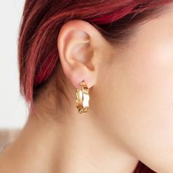 Rectangular Hoops with Wavy edges 2.60cm x 6.10mm 18kt Yellow Gold photo worn