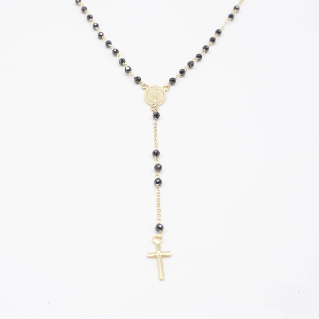 Yellow Gold Rosary and Onyx spheres necklace 2.40 mm