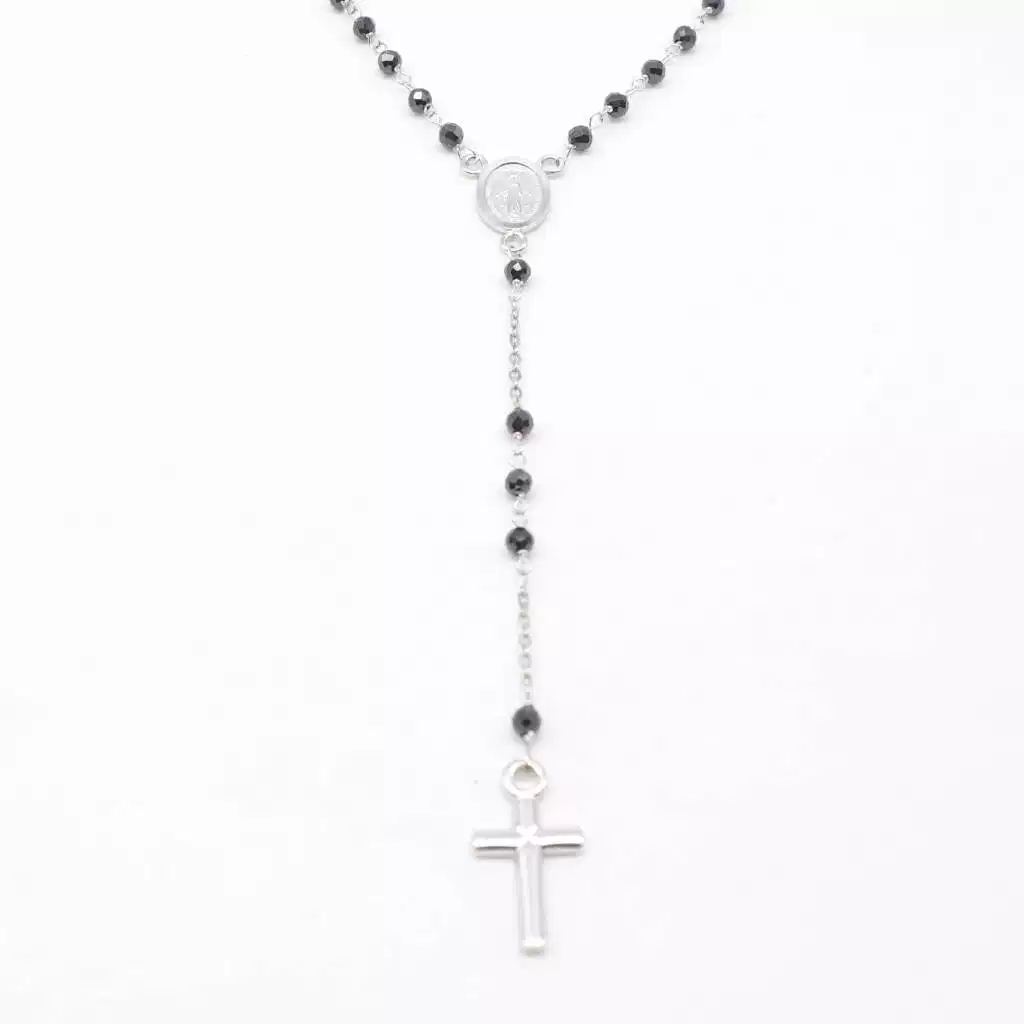 Collana Rosario Oro Bianco e Onice sfere 2.40 mm