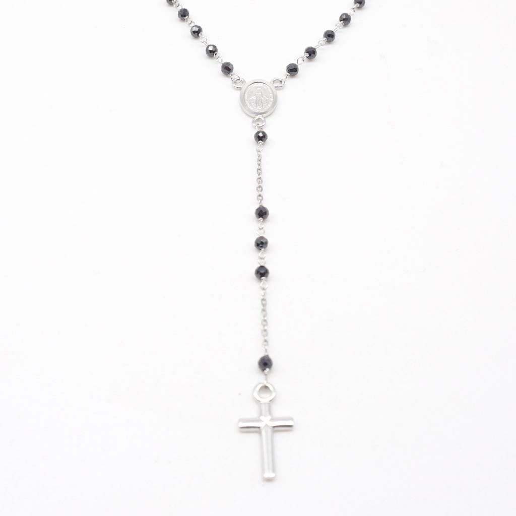 White Gold Rosary and Onyx spheres necklace 2.40 mm