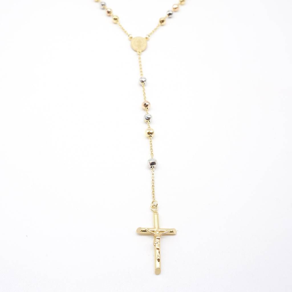 Collana Rosario Oro Giallo Bianco e Rosa sfere 4.80 mm