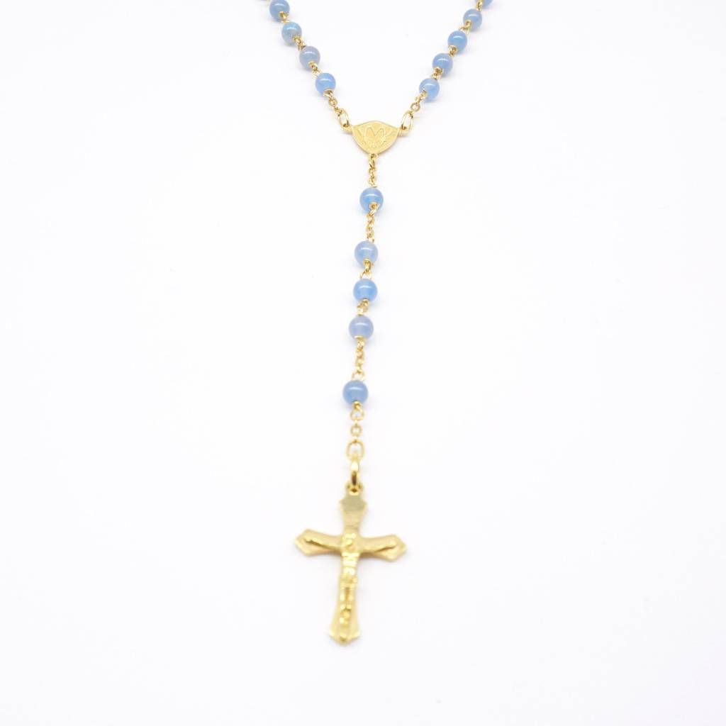 Collana Rosario Oro Giallo e Agata Azzurra sfere 4.50 mm