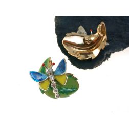 Ciondolo Farfalla in oro bianco Blu e Gialla su foglia in Bronzo