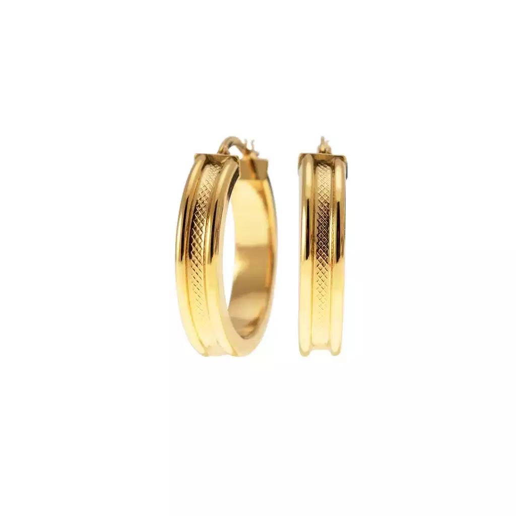 Yellow Gold 2.70cm x 5.90mm Round Hoops with Knurled Hollowed center