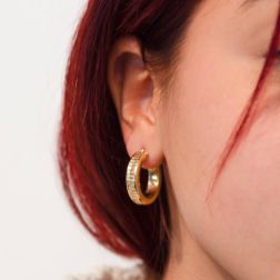 photo of worn Yellow Gold 2.10cm x 5.60mm Round Hoops with horizontal Grooves