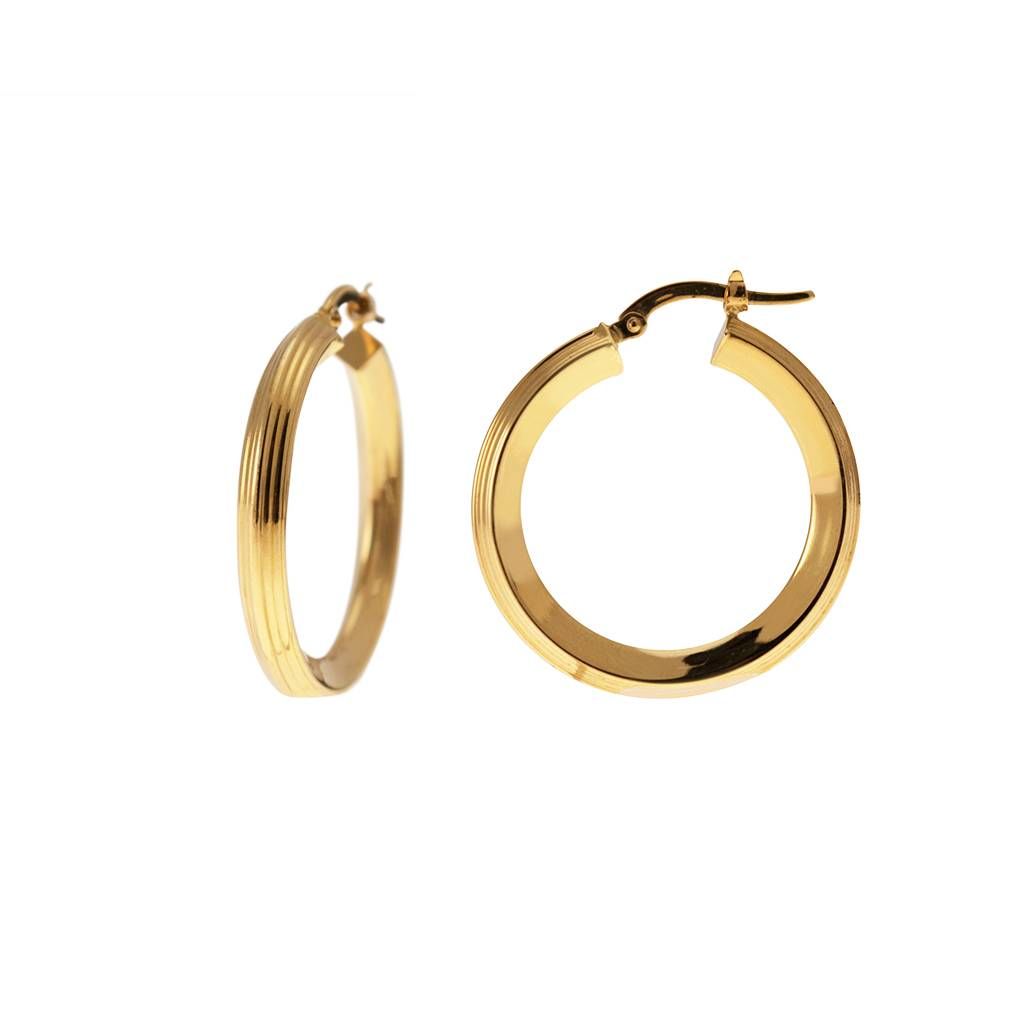 Yellow Gold Arrow Shaped striped hoop earrings with shiny side