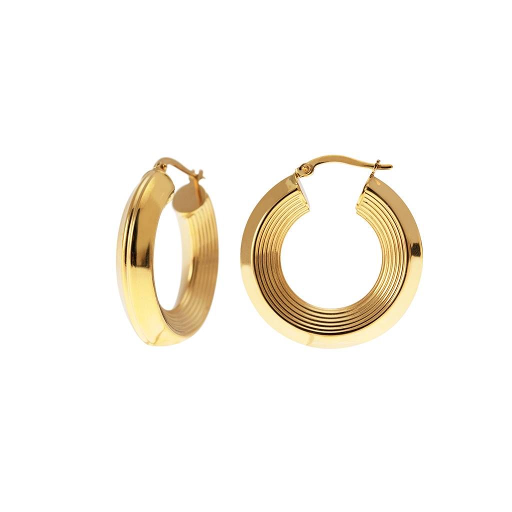 Yellow Gold 2,85cm x 6,4mm Hoop Earrings with Grooved Arrow Shape and striped side