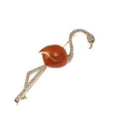 Spilla Fenicottero Smalto Arancione e Diamanti