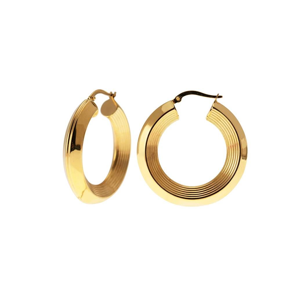 Yellow Gold 3,4cm x 6,45mm Hoop Earrings with Grooved Arrow Shape and striped side