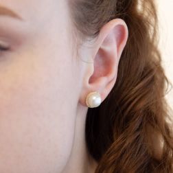 photo of worn 18kt yellow Pearls and Zircons Earrings
