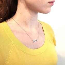 photo of worn Necklace with name Irene in white gold 18 kt
