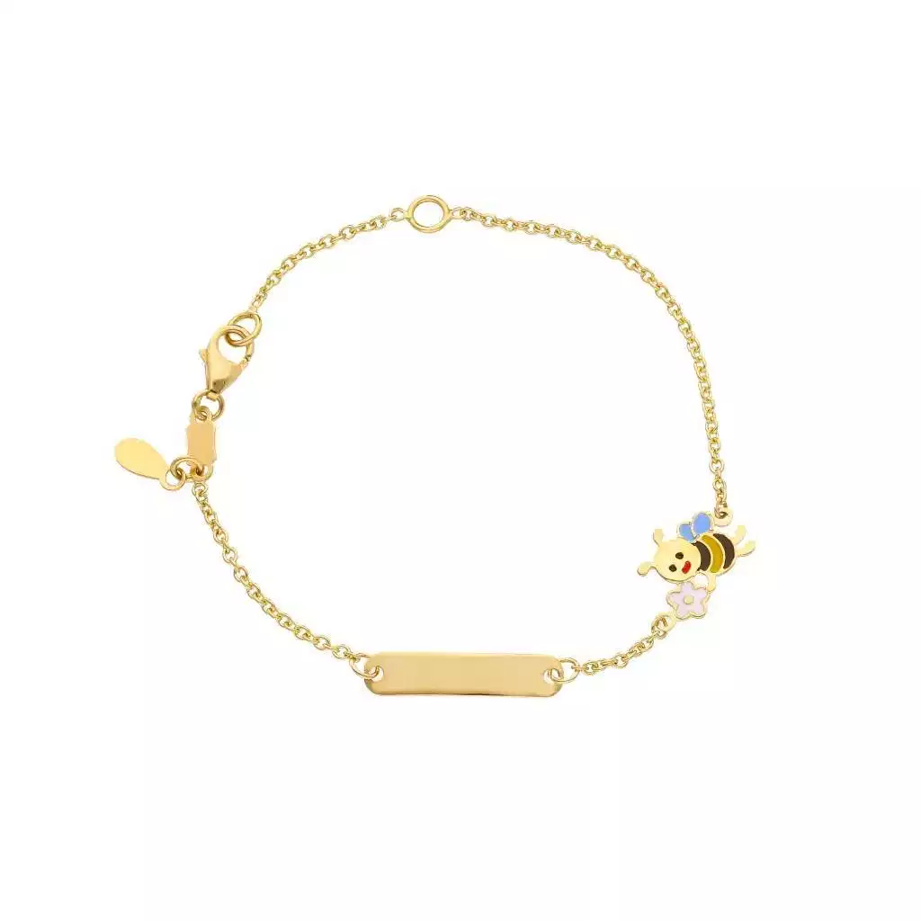 Enamelled Bee and Flower Baby Bracelet with Yellow Gold Tag