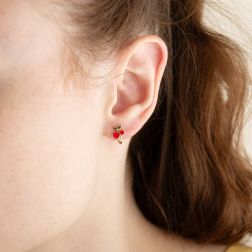 photo of worn Enamelled Cherries Earrings with hinged closure
