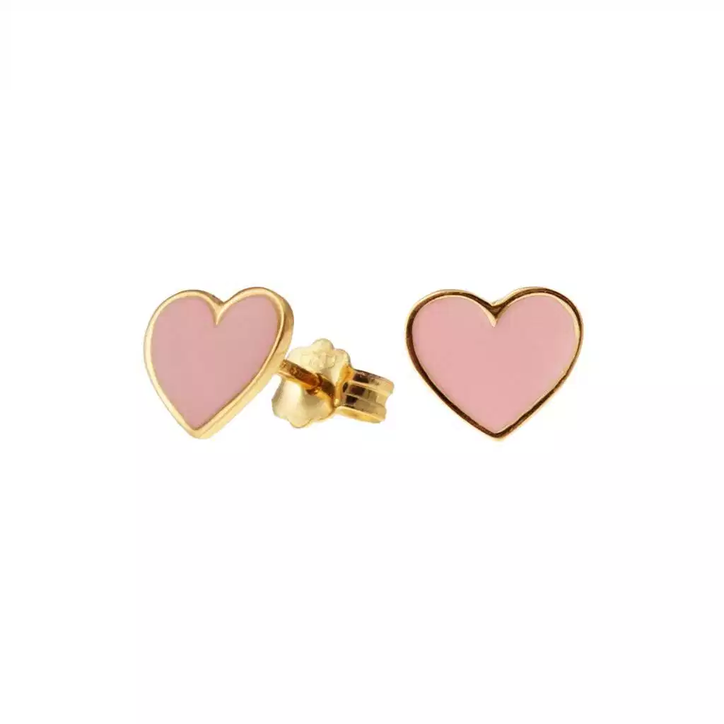 Orecchini Cuore Piatto Oro Giallo Smaltati Rosa