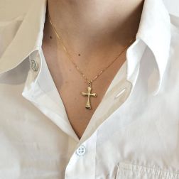 photo of worn 18 kt Yellow Gold Rounded Cross Pendant size M