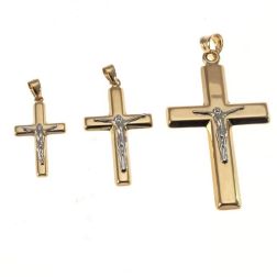yellow gold square cross pendant with 18kt white gold christ