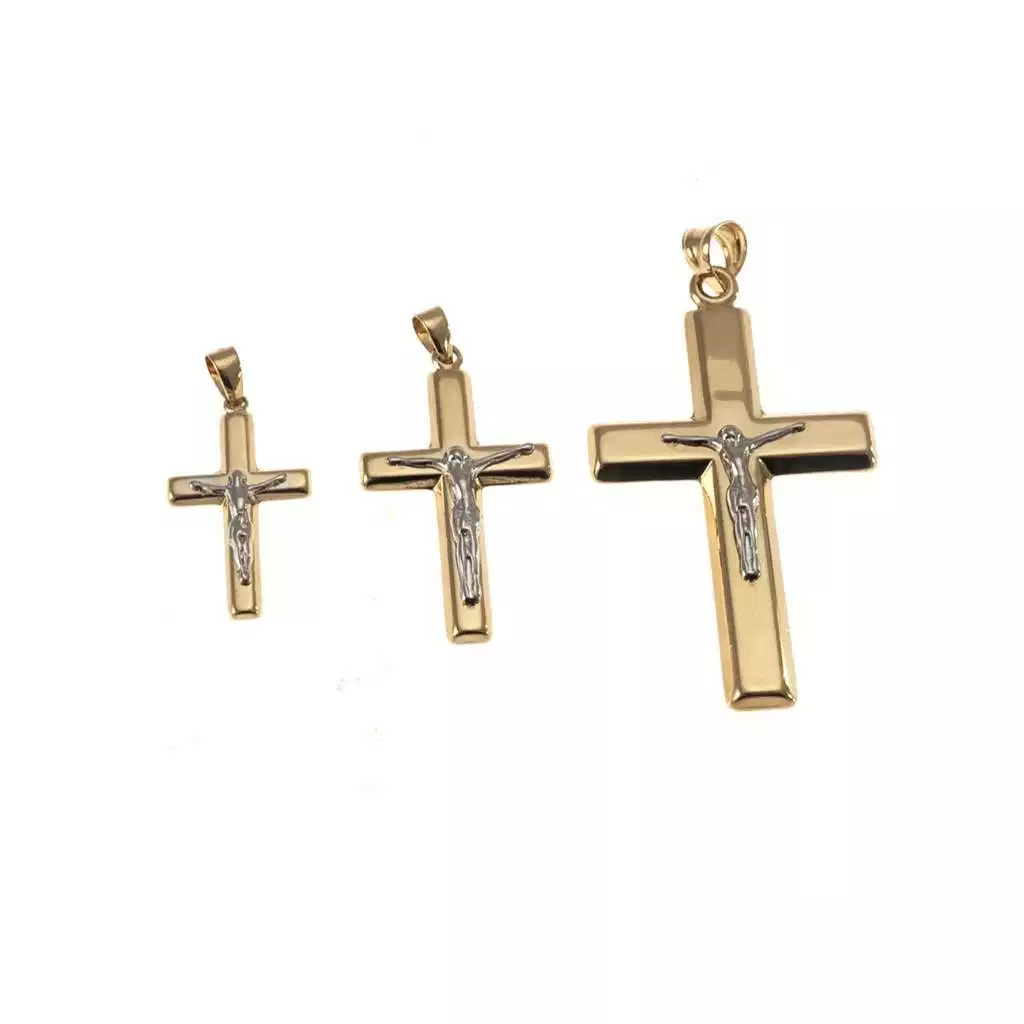 Ciondolo Croce squadrata in Oro Giallo con Cristo in Oro Bianco