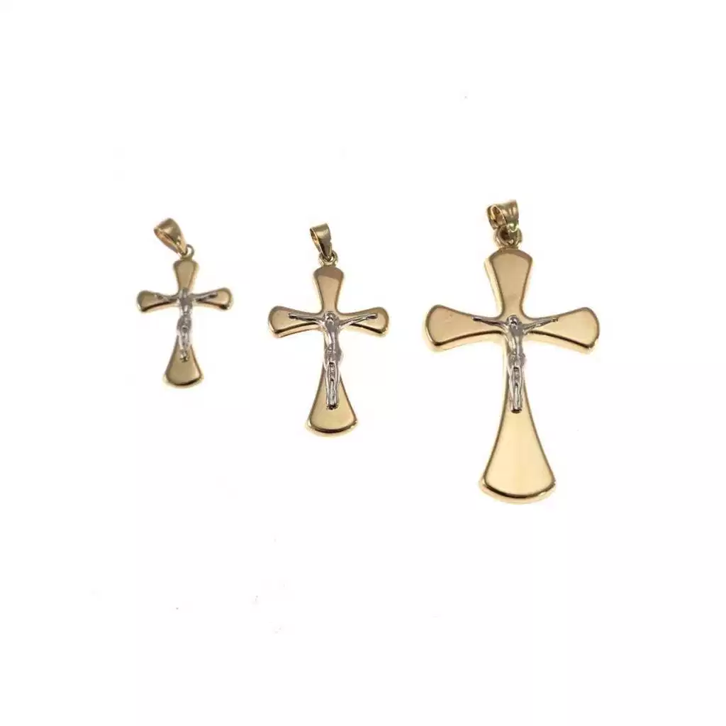 Ciondolo Croce stondata in Oro Giallo con Cristo in Oro Bianco