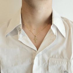 photo of worn Striped Cross Rood Pendant in 18kt Yellow Gold
