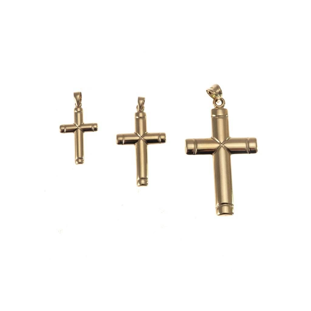Cross pendant with X on the center and grooves on the edges  in Yellow Gold