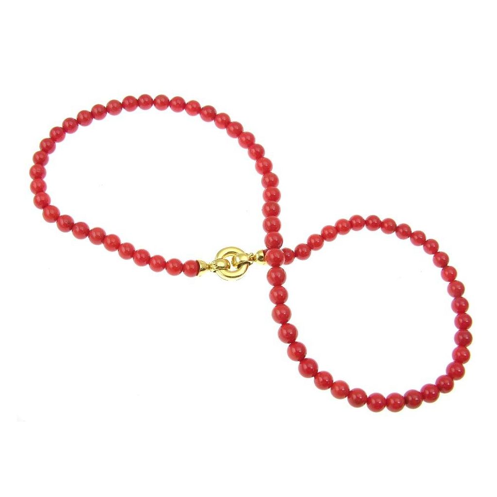 Coral necklace round clasp in Yellow Gold