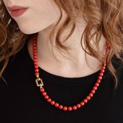 photo of worn Coral rectangle clasp necklace in Yellow Gold