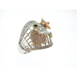 Star and Heart Design Ring with Diamonds and Blue Sapphires