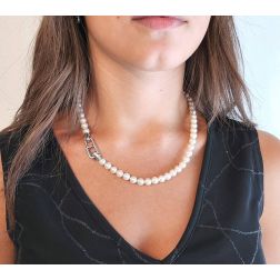 Photo of worn Akoya Pearls Geometric Clasp Necklace in White Gold