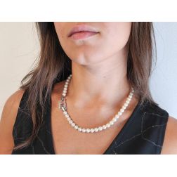 Photo of worn Akoya Pearls Geometric Clasp Necklace in White Gold