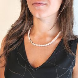 Photo of worn Akoya Pearls Drop Closure Necklace with Diamonds