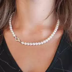 Photo of worn Akoya Pearls Drop Closure Necklace with Diamonds