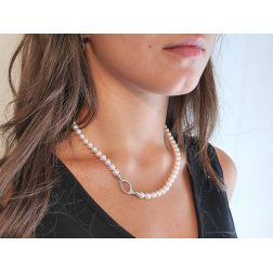Photo of worn Akoya Pearls Necklace with perforated leaf shaped clasp with Diamonds