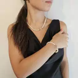 photo of worn Fresh Water pearls bracelet and necklace with 18kt Rose Gold Square clasp