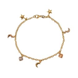 Bracelet with 7 pendants 3 Moons 2 Hearts 2 Stars in Three Colors