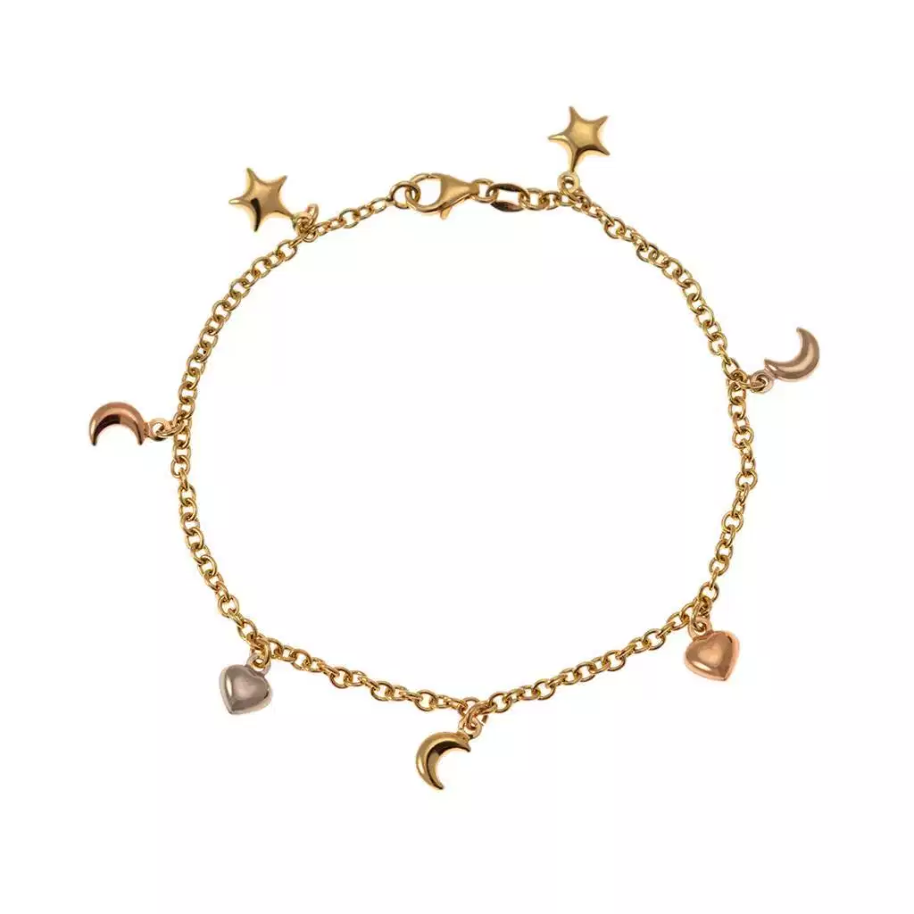 Bracciale 7 ciondoli 3 Lune 2 Cuori 2 Stelle in Tre Colori