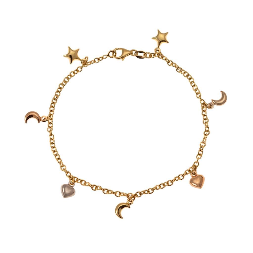 Bracelet with 7 pendants 3 Moons 2 Hearts 2 Stars in Three Colors