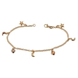 Bracelet with 7 pendants 3 Moons 2 Hearts 2 Stars in Three Colors