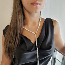 photo of worn Long Pearl Necklace Adjustable Closure in Yellow Gold