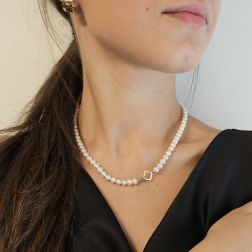 photo of worn Fresh water pearls Necklace with 18kt Rose Gold Square clasp