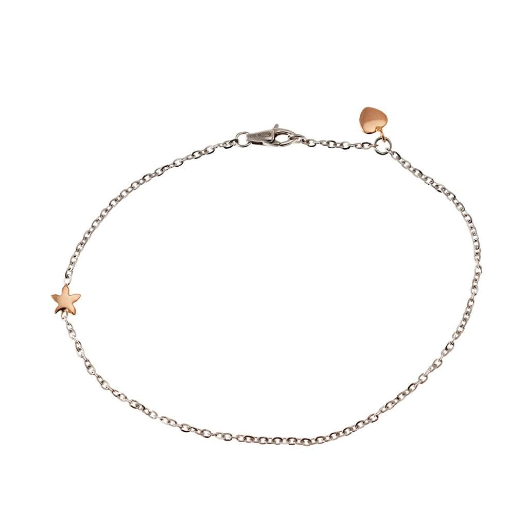 Anklet white gold chain with star and heart in rose gold