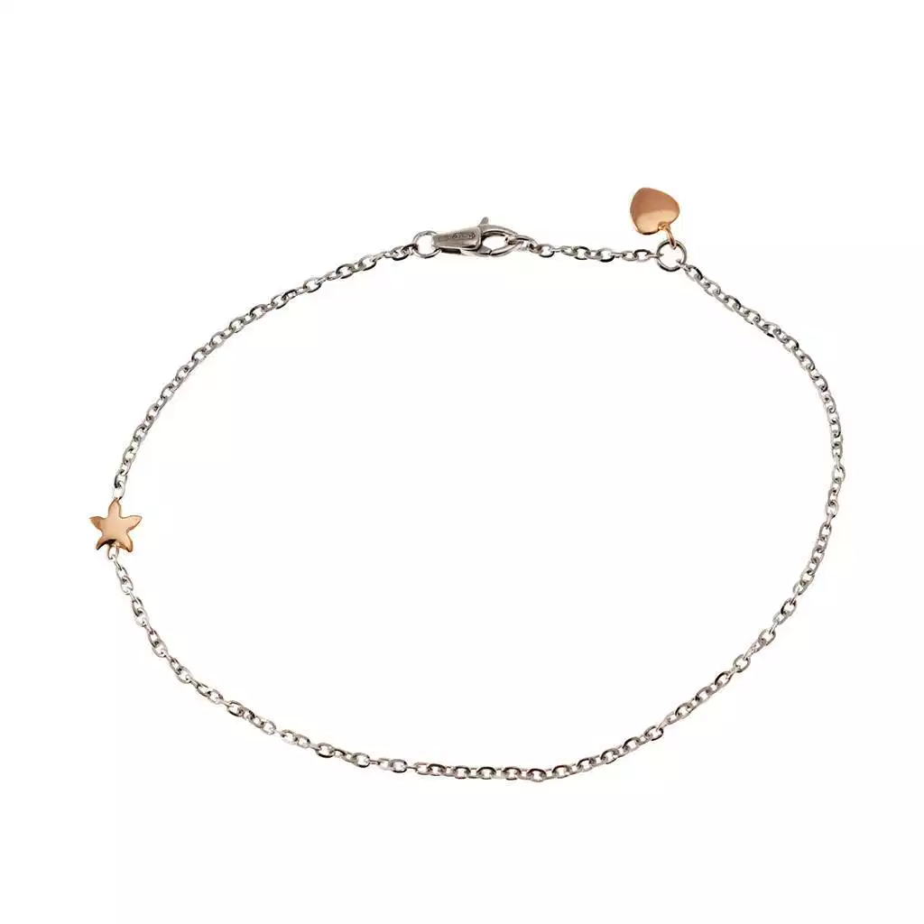 Cavigliera catena in Oro Bianco ciondoli Stella e Cuore in Oro Rosa