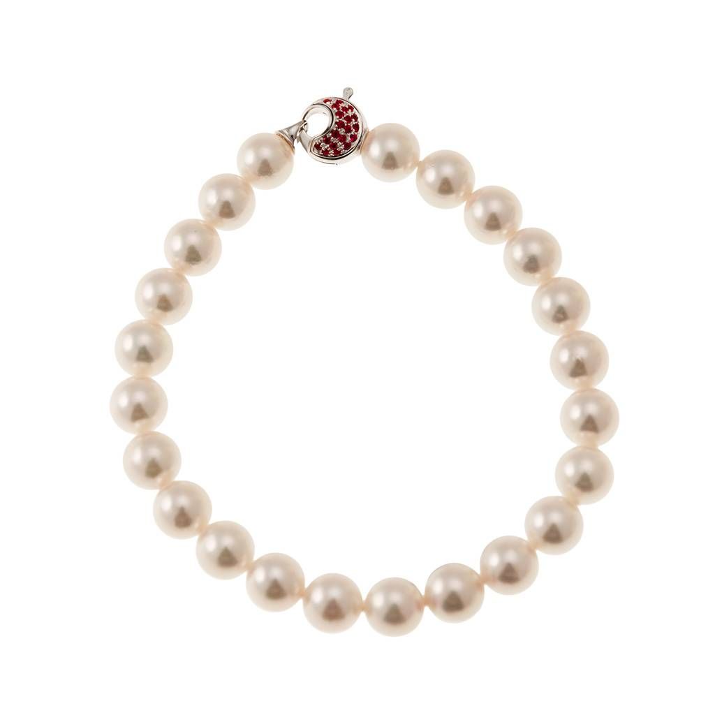 Bracciale Perle Akoya chiusura con Diamanti e Rubini in Oro Bianco 18kt