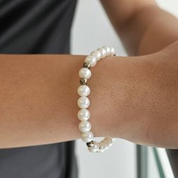 photo of worn Fresh Water pearls bracelet with 18kt Yellow Gold clasp and Pyrites